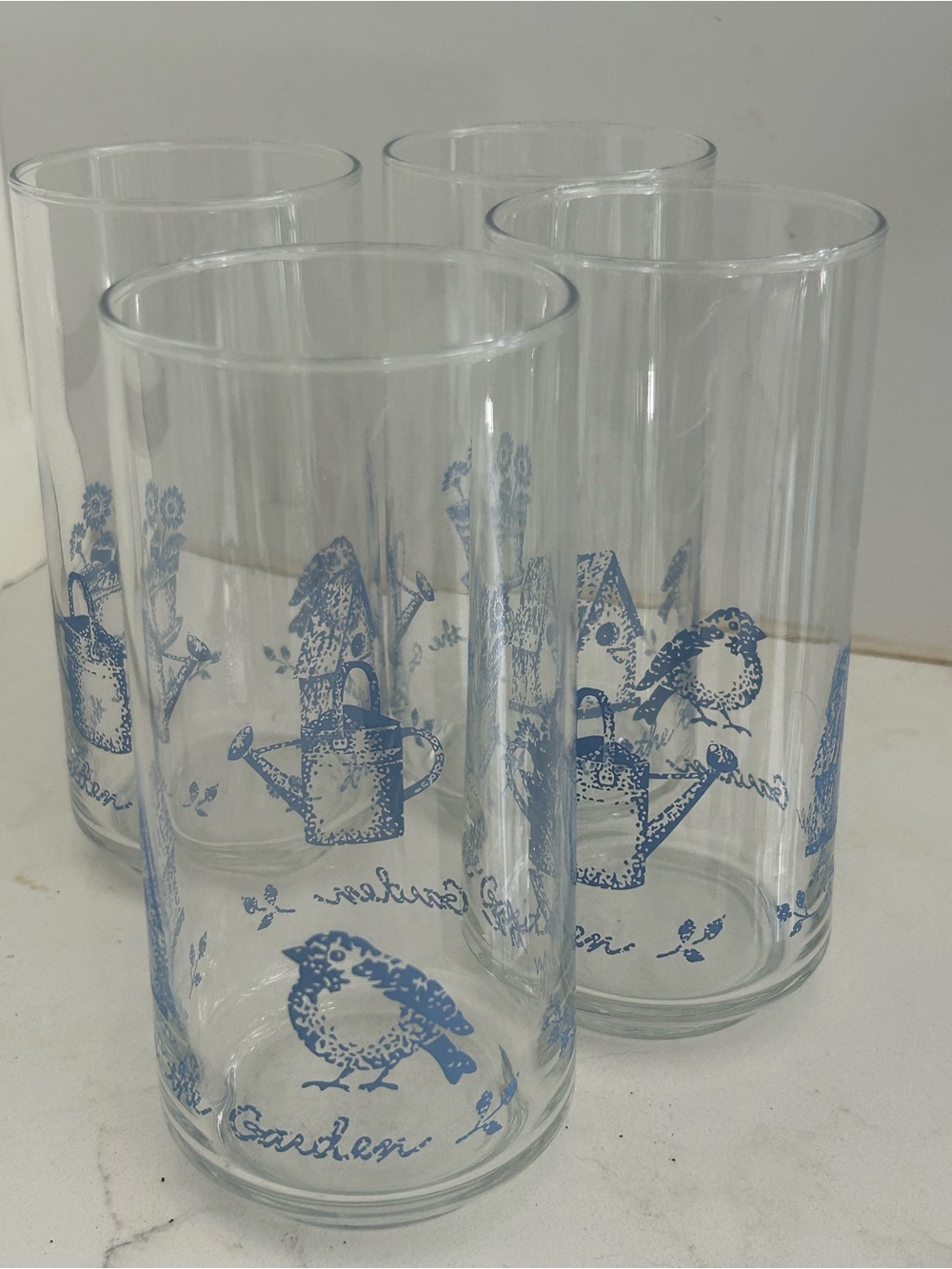 4-Vintage Libby Tall Glasses “In the Garden” Birdhouse Bird Blue